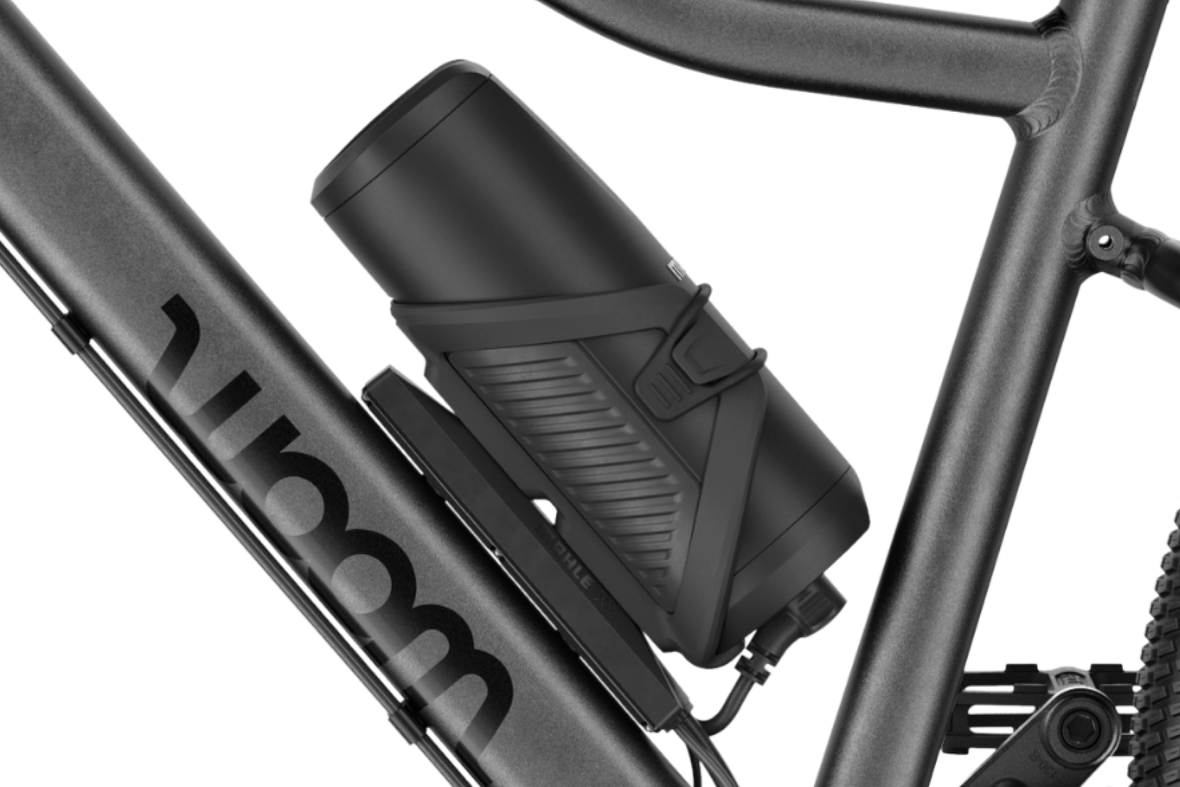Close-up of the external removable battery on the frame of the woom EXPLORE e 5.