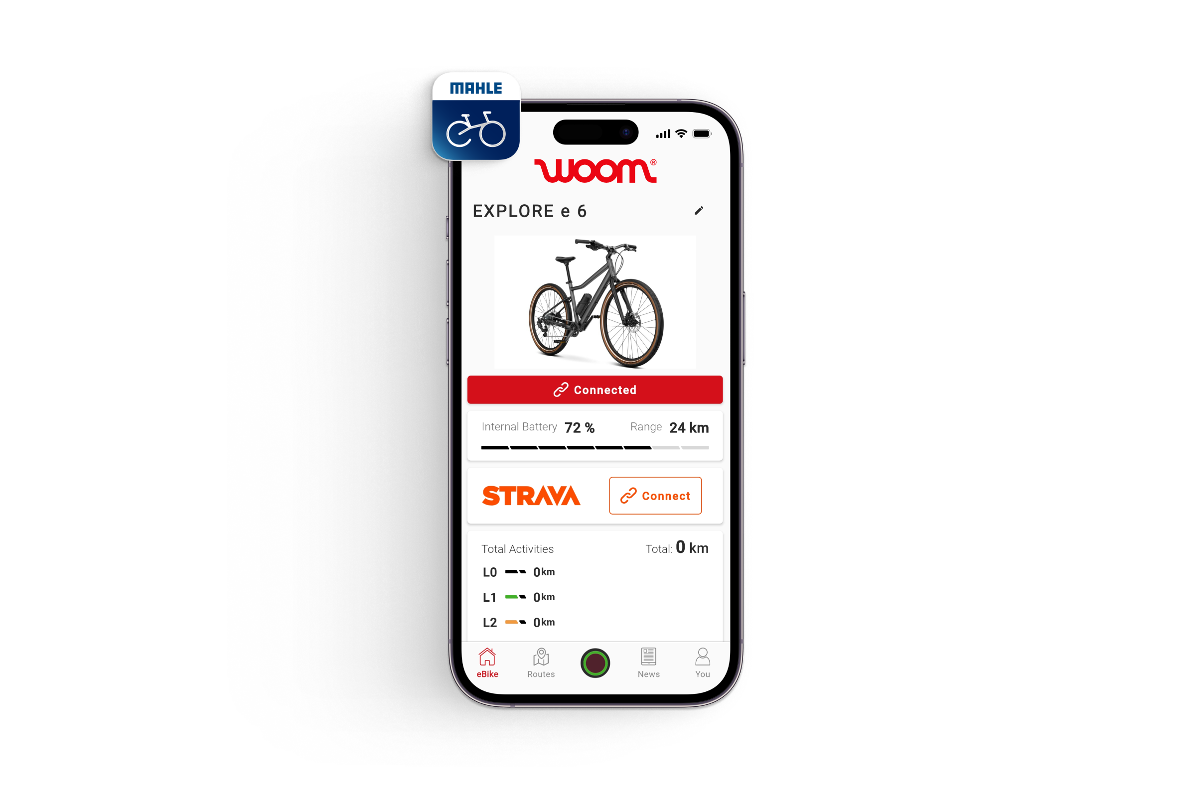 Smartphone showing the MAHLE SmartBike app connected to the woom EXPLORE e 5 e-bike.