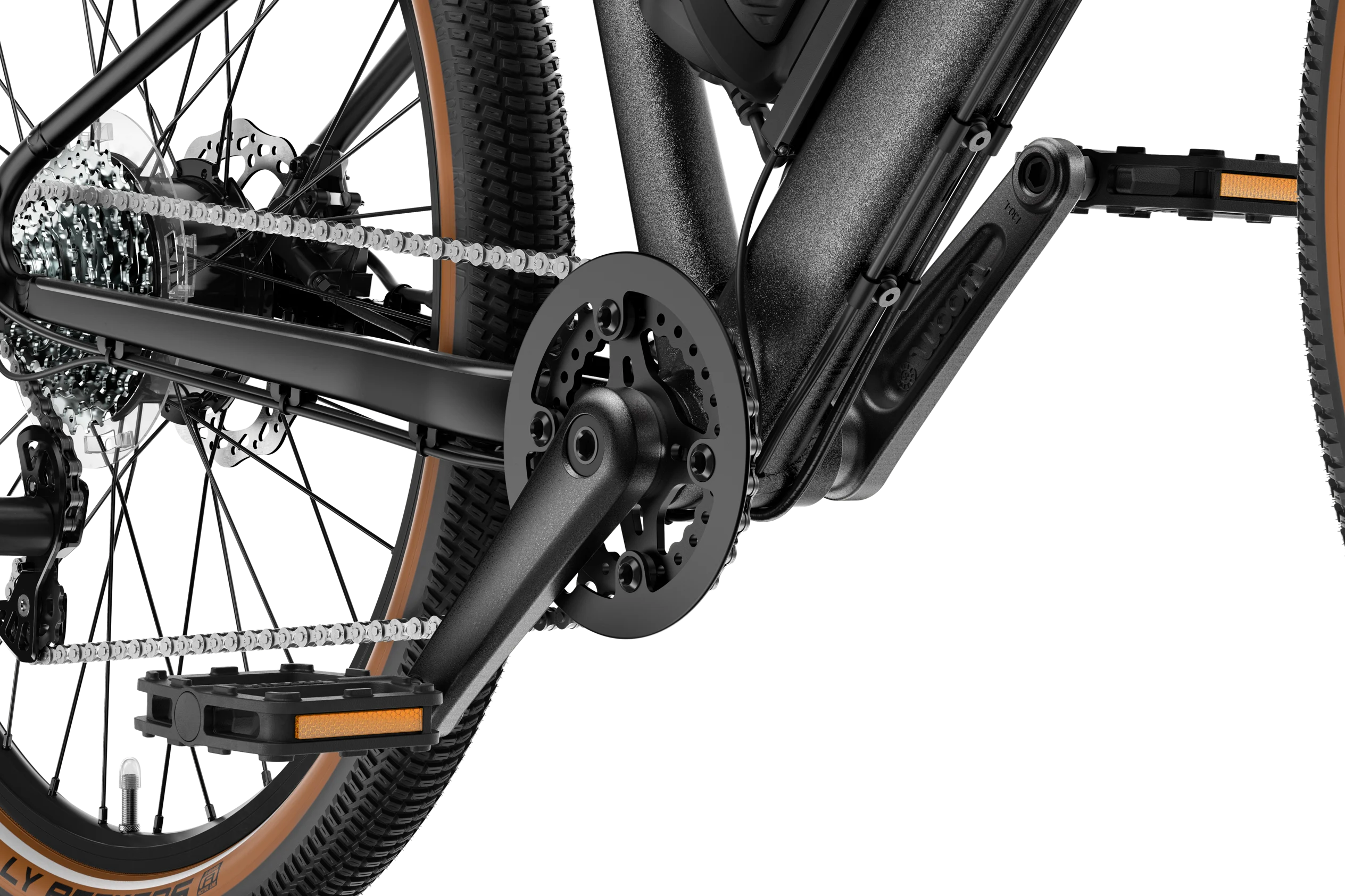 Close-up of cranks and rear wheel on the woom EXPLORE e 5 e-bike showing the MAHLE drive system.