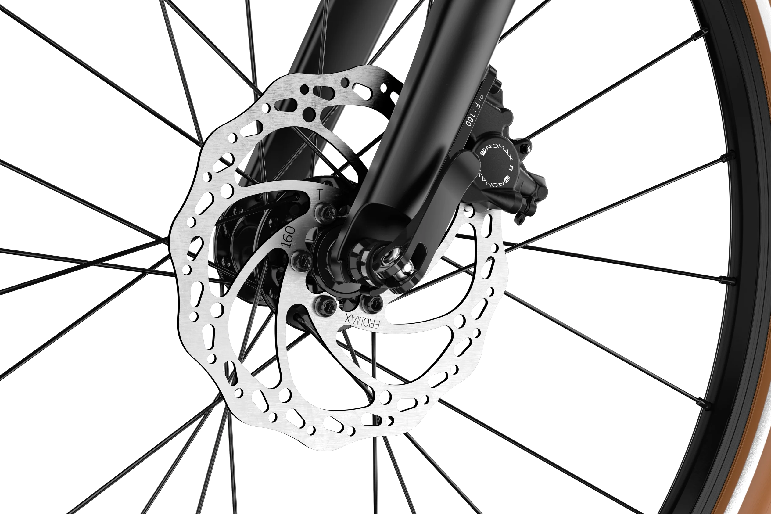 Close-up of the front hydraulic disc brake rotor on the woom EXPLORE e 5 children's e-bike.