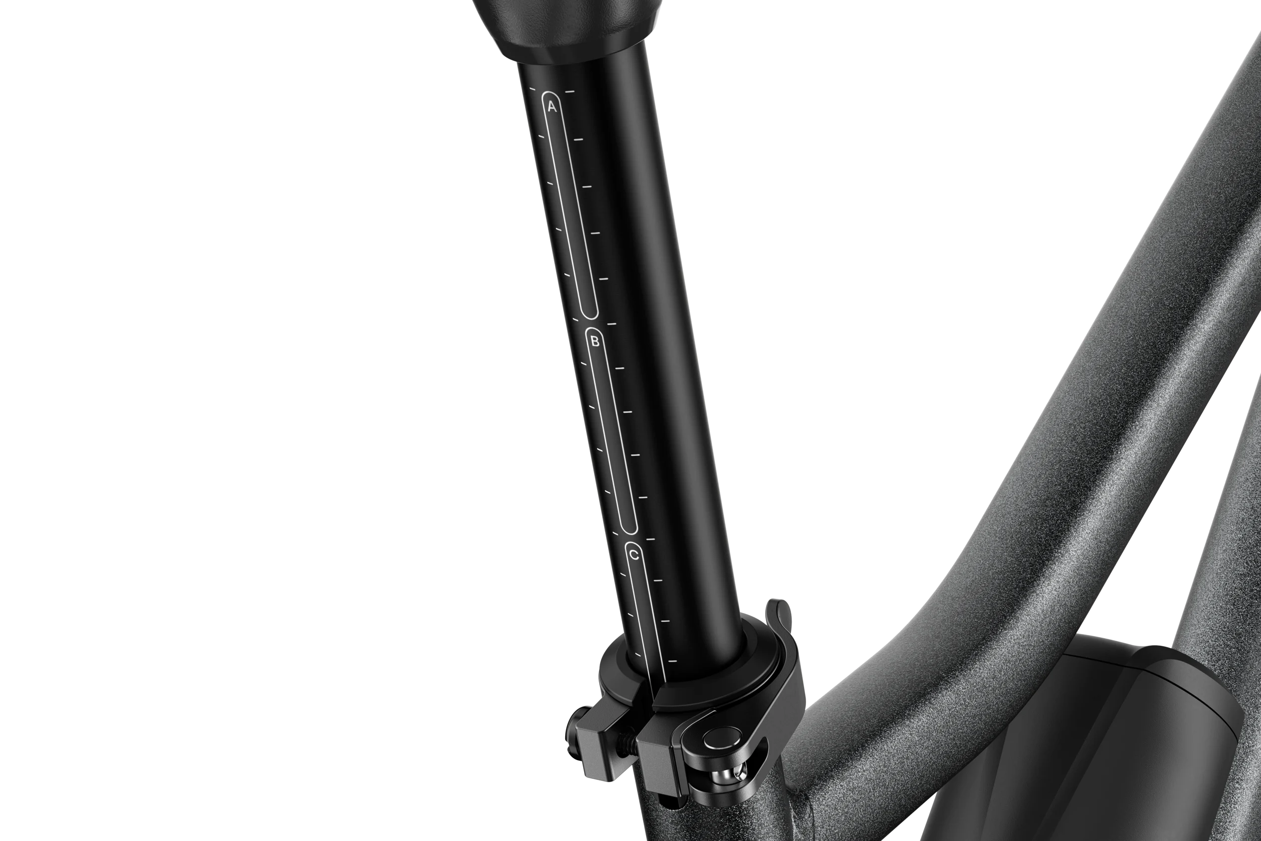 Close-up of ABC adjustment markings on the black seatpost of the woom EXPLORE e 5.