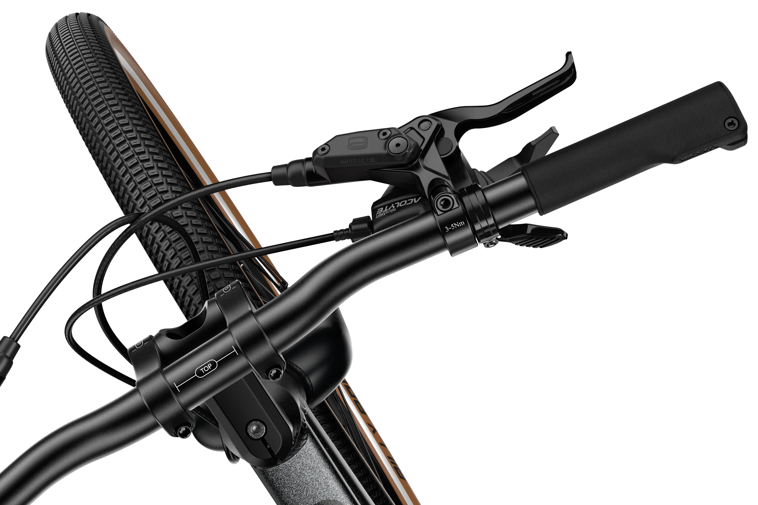 Bird's-eye view of the right-hand grip and microSHIFT trigger shifter on the woom EXPLORE e 5.