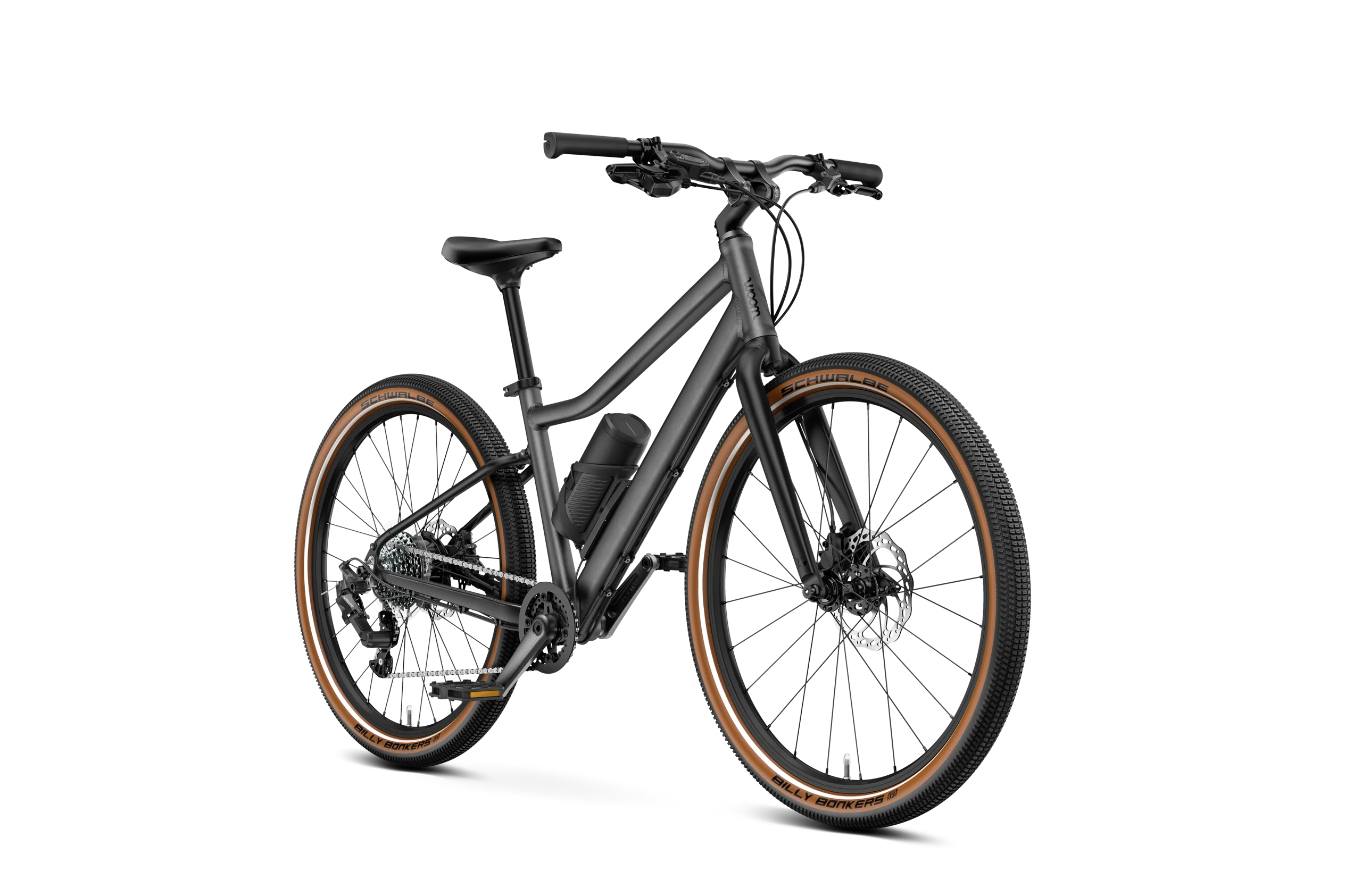 Profile view of the woom EXPLORE e 5 children's e-bike in graphite grey.