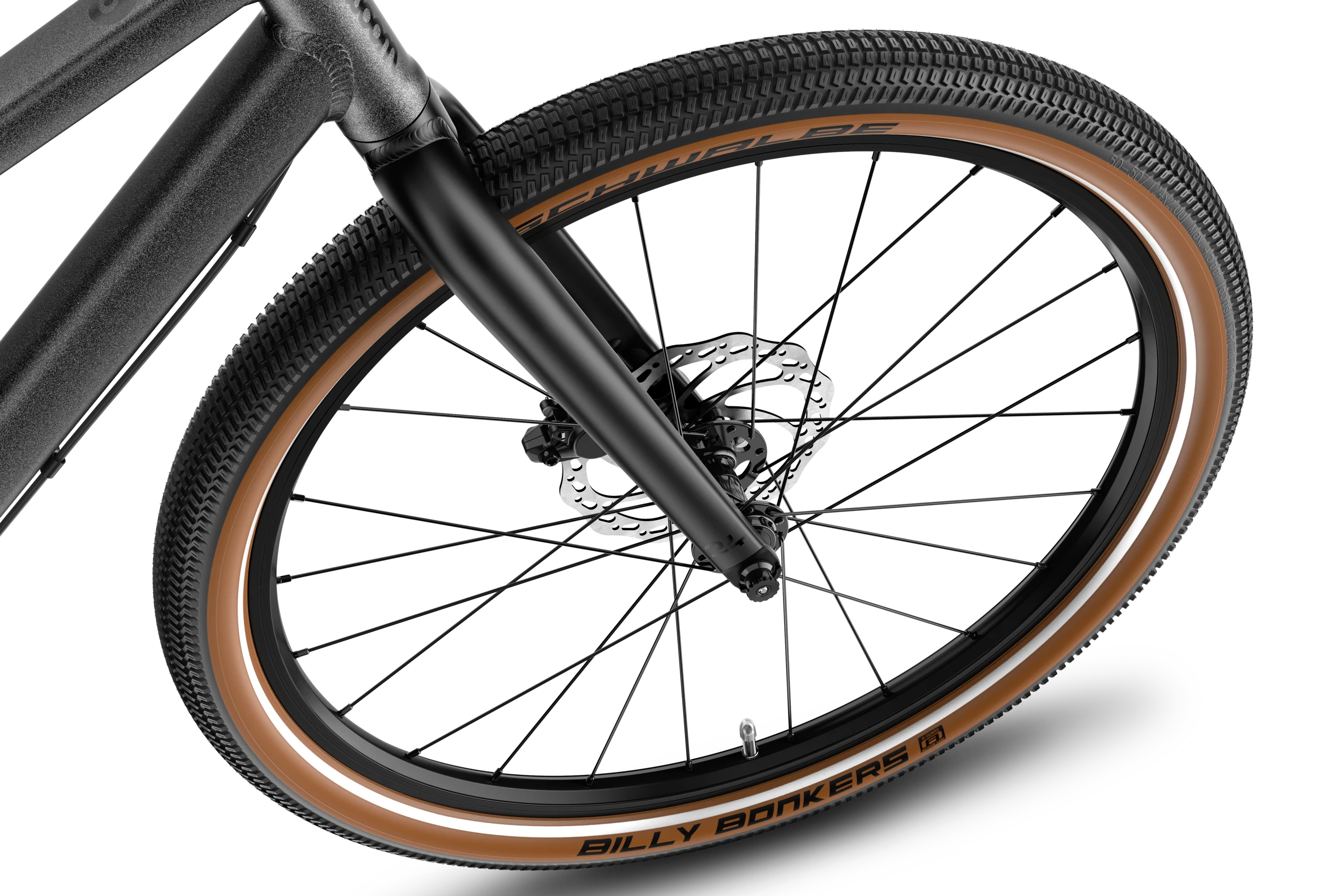 Close-up of the 24-inch Schwalbe Billy Bonkers tyre on the woom EXPLORE e 5.